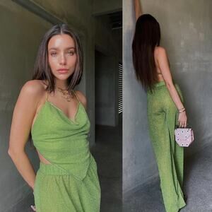 Oseree | NWT Lumière Pants Lime Green Glitter Wide Leg Resortwear Pants XL